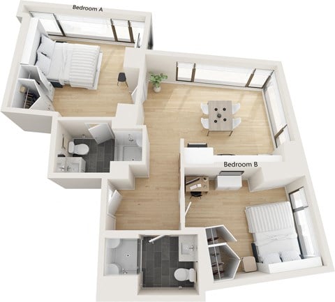 Floor plan for 2 beds, 2 baths, 721 sqft